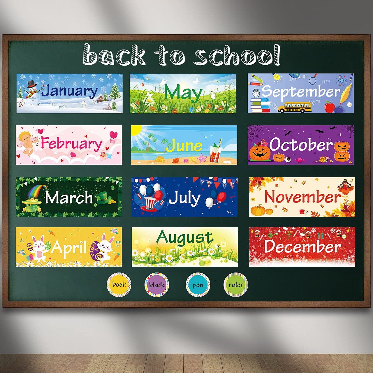 48 PCS Holiday Monthly Headliners Set 12 Months of The Year Headers Monthly Bulletin Board Borders Seasonal Monthly Headers with 36 Round Blank Confetti Cutouts for School Bulletin (Cute Style)